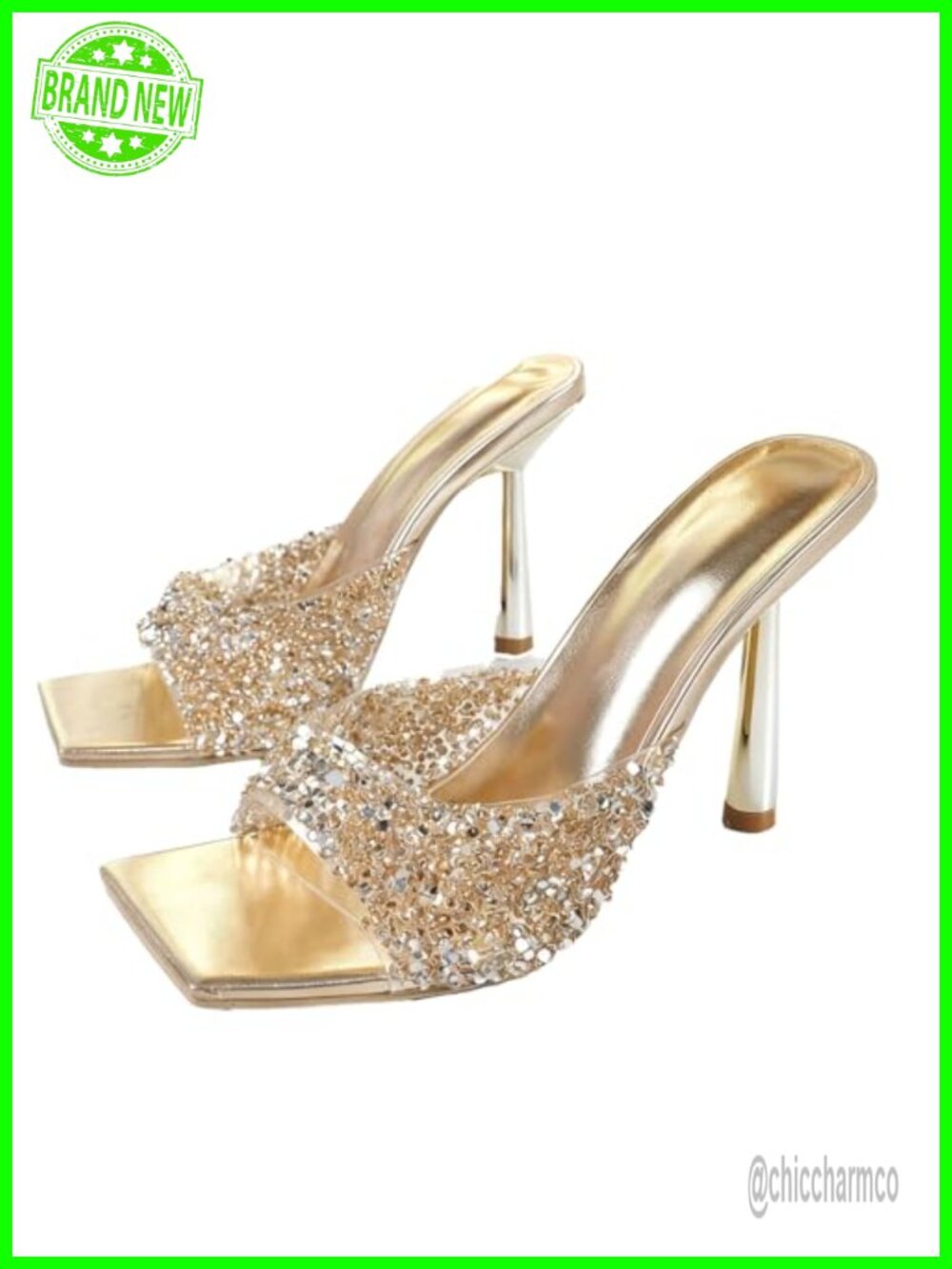 Wide Strap Shiny Rhinestones Stiletto Mules Square Open Toe Slip-On High Heels
